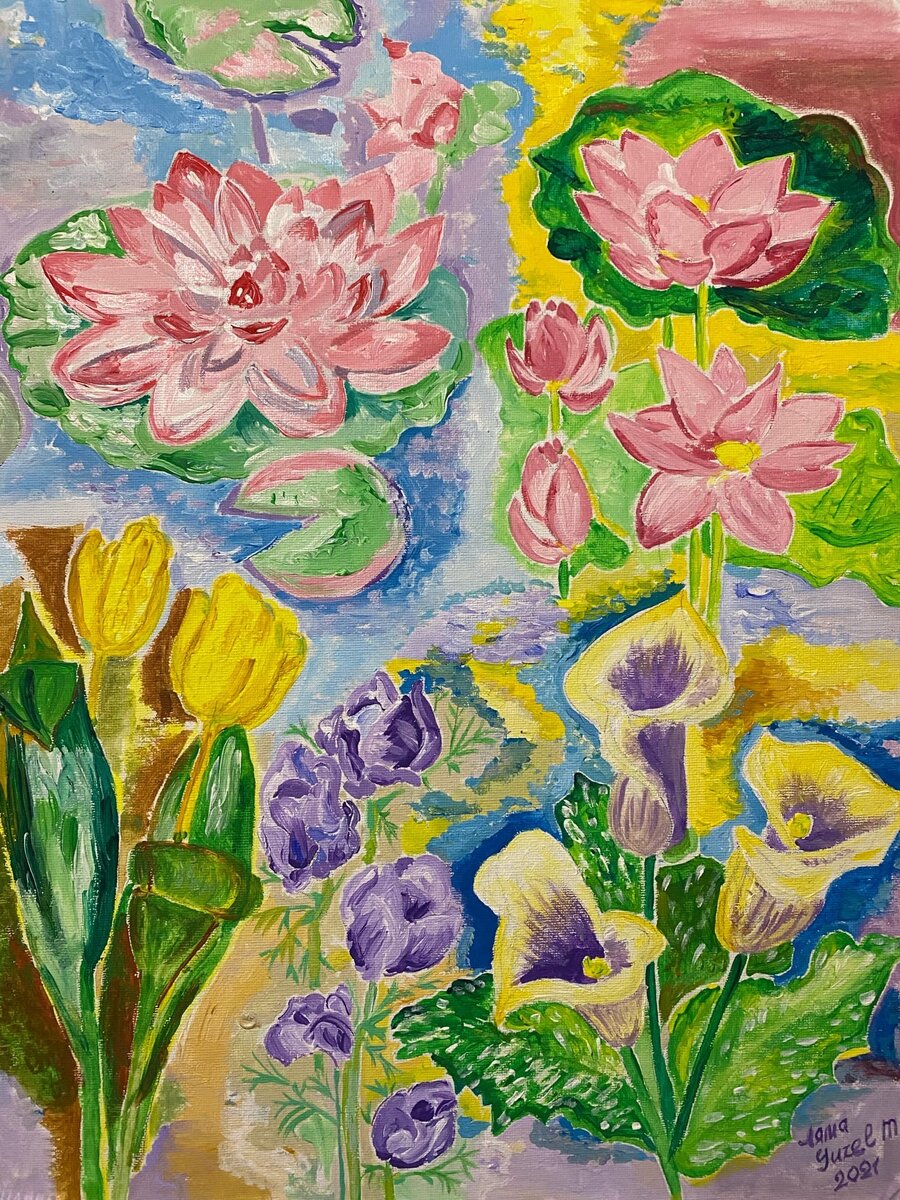 Картина.AUTHOR GUZEL.M.Art.Кисть.Холст.Brush.Acrilic.Canvas.Хлопок .Brauberg art.Brauberg brands.Брауберг брендс.Тюльпаны.Анемоны.Каллы.Лотос.#арт #flowers 