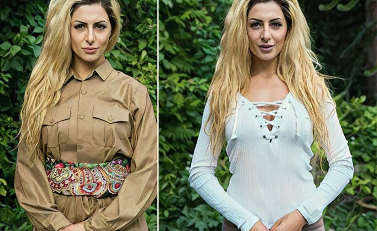 Джаони Палани- курдская амазонка, до и после приезда в неспокойный Курдистан. Где до, где после- объяснять не нужно. Картина из ОИ.