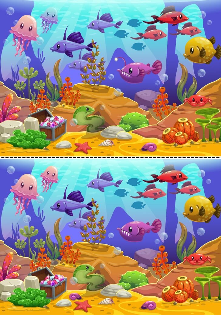 Прекрасное морское приключение с различными видами симпатичных рыбок, что они от нас спрятали? 4 отличия! Надеваем акваланг и погружаемся, удачи в поисках:)