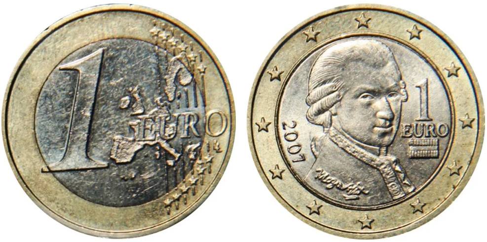 1 в евро можно. Австрия 1 евро, 2007. Монета Австрия 1 евро 2007. 1 Евро. Австрия. Моцарт. Монета 1 евро 2007 год.