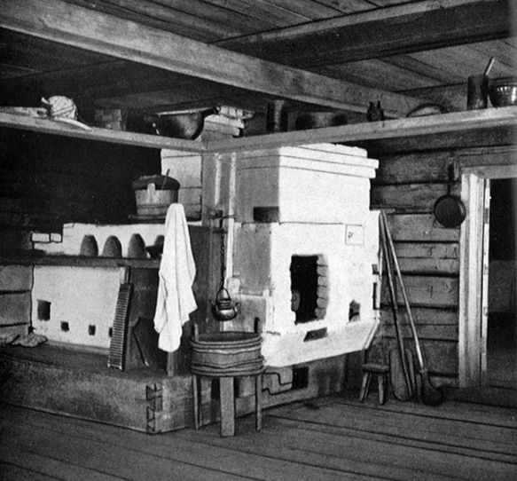  В жилой избе устраивается большая стряпущая печь, на которой удобно можно лежать пяти человекам.