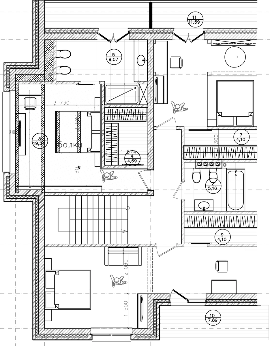 План второго этажа в загородном доме 