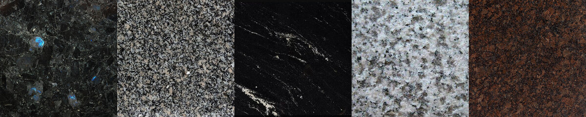Гранит: Volga Blue (Украина), Каменногорский (Россия, Ленобласть), Vía Láctea (Бразилия), Grigio Perla (Италия), Karelia Red (Россия, Карелия)