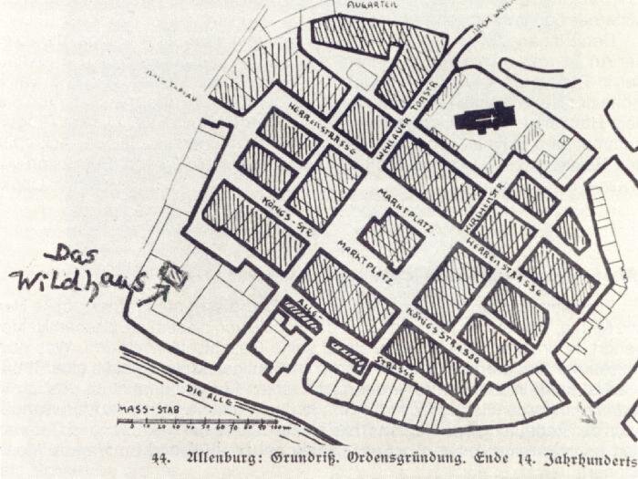 Местоположение вильдхауса на плане Алленбурга. Ориентир, сохранившийся до наших дней - кирха (фото с сайта www.forum-kenig.ru)