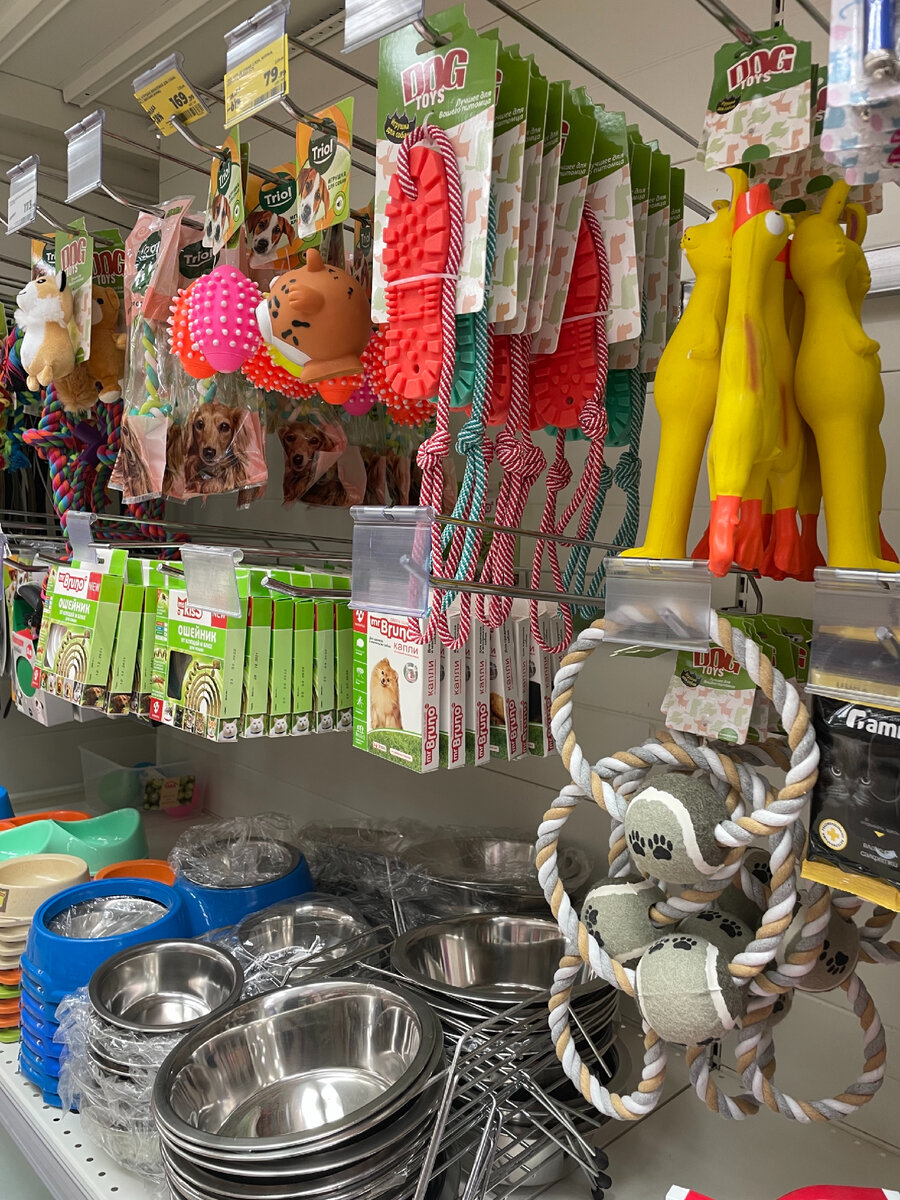 Знаменитые курицы теперь тоже здесь. Канатиков много появилось и мисок, есть ошейники и рулетки. Средства обработки.