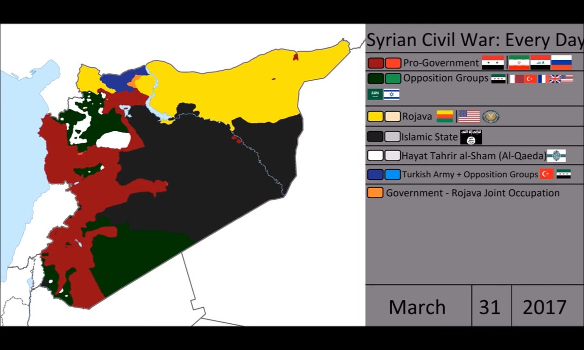 Красным отмечены положение правительственных сил Сирии, все - остальные  - оппозиция, курды, исламские террористы.