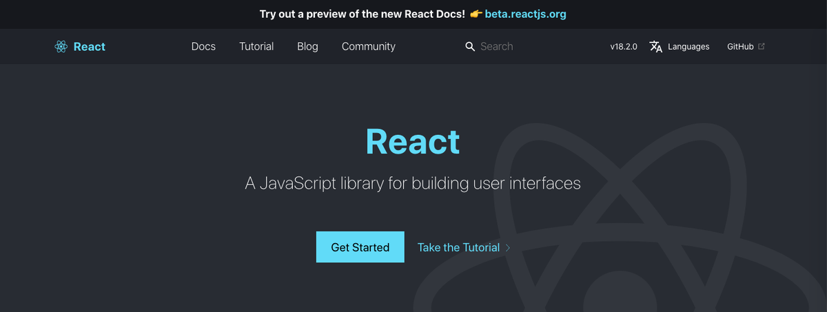 Первая страница библиотеки React.js. reactjs.org