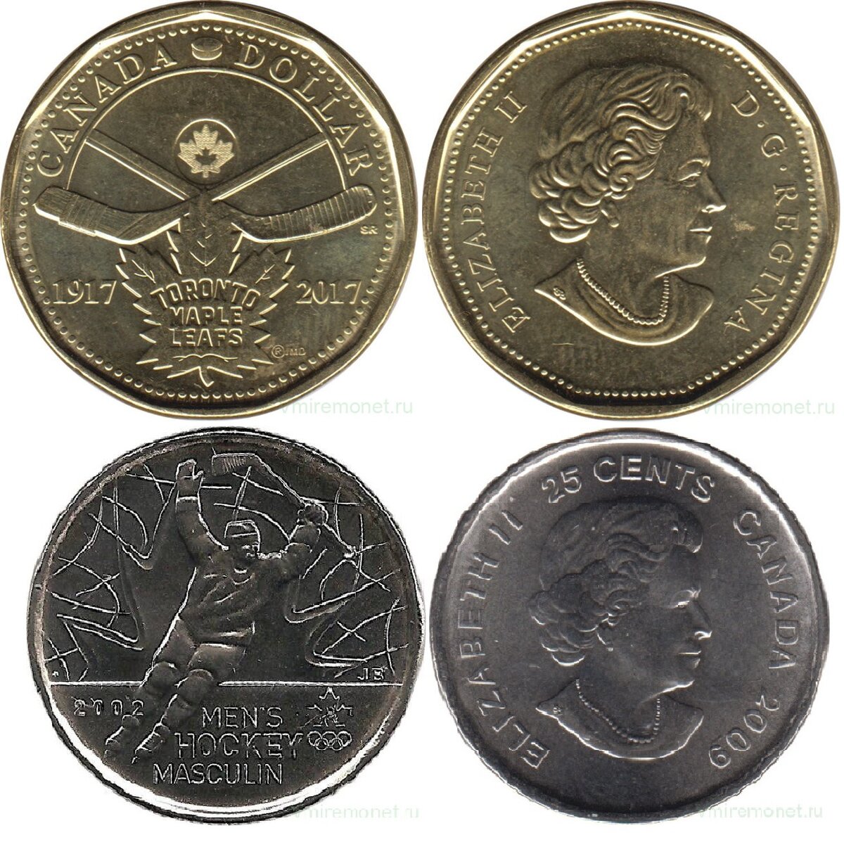 Монеты: "100 лет хоккейному клубу "Торонто Мэпл Лифс" (1 доллар), "Победа мужской сборной по хоккею на олимпиаде в Солт-Лэйк-Сити 2002" (25 центов). 