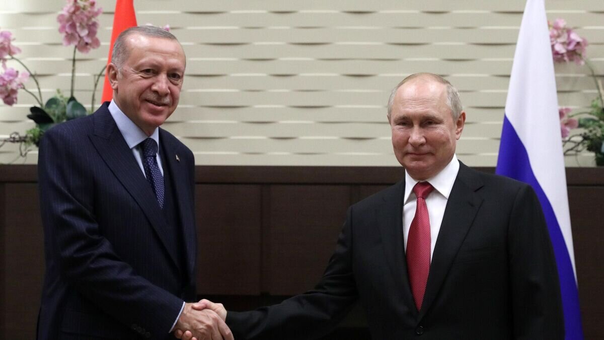    Президент РФ Владимир Путин и президент Турции Реджеп Тайип Эрдоган во время встречи в сочинской резиденции Бочаров Ручей© РИА Новости / POOL/Владимир Смирнов