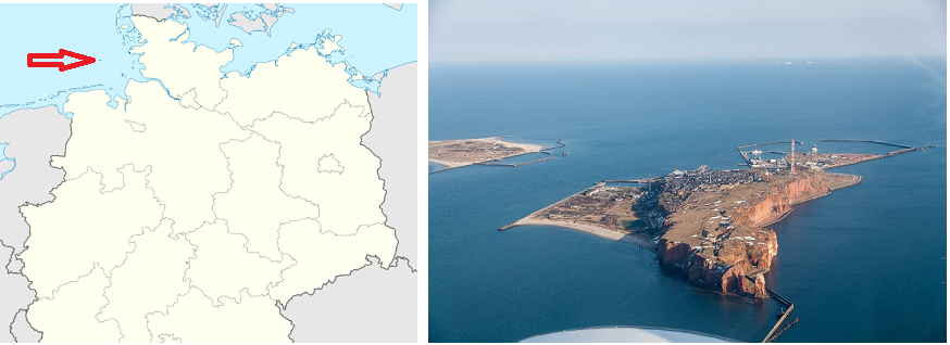 Остров Хельголанд на карте Германии показан красной стрелкой. Справа - на фото острова с воздуха видно, что он разделился на две части из-за процесса оседания, как верхнего геологического массива.