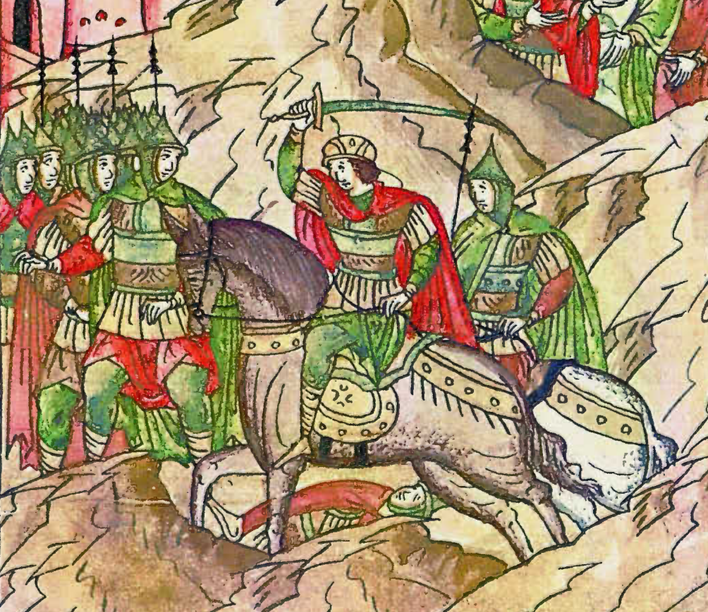 Миниатюра, изображающая подвиг Андрея Боголюбского под Луцком из Лицевого свода XVI века, Москва.