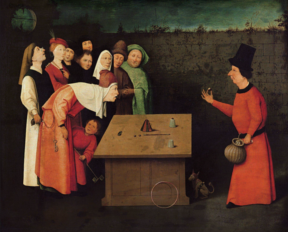 Иероним Босх. Фокусник. Около 1475 - 1502. Холст, масло. 53 × 65 см. Муниципальный музей, Сен-Жермен-ан-Ле, Франция