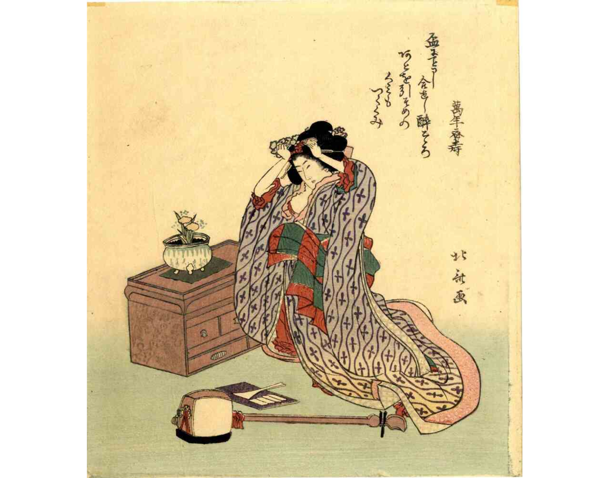 A geisha prepares for a shamisen performance for the New Year гравюра авторства Yanagawa Shigenobu; 
https://www.artsy.net/artwork/yanagawa-shigenobu-a-geisha-prepares-for-a-shamisen-performance-for-the-new-year