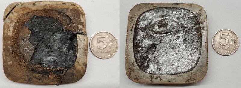 Помимо квадратных "монет" и монисто, довольно часто попадаются квадратные угольно-марганцевые галеты.