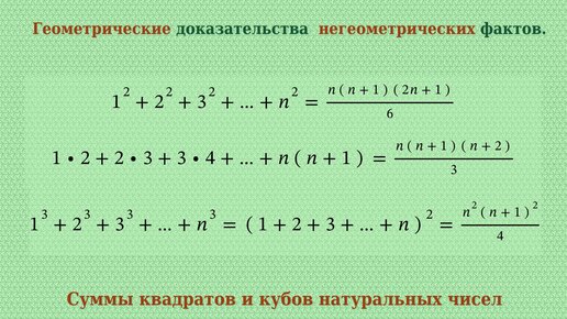 Геометрические доказательства негеометрических фактов. Суммы квадратов и кубов натуральных чисел.