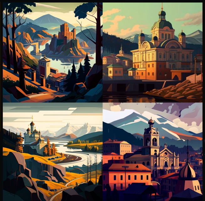 Это абстрактные образы якобы города Красноярска, то есть города, стоящего на реке, среди гор и лесов, имеющего мосты, кирпичные здания, православные храмы. Красноярска как такового нет, но образ сибирского города есть. Стиль Рериха тоже угадывается, хоть и не бесспорно. Можно выбрать один из вариантов и доработать его, продолжив поиск вариаций или детализировать один из вариантов.