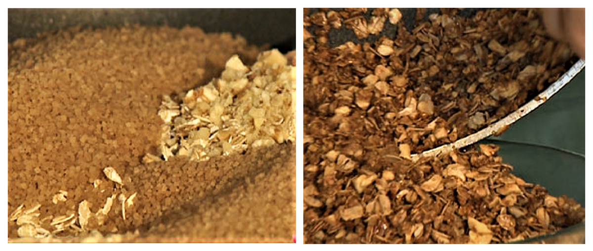 На фото вид .сахарной смеси хлопьев и орехов до обжарки и после обжаривания.