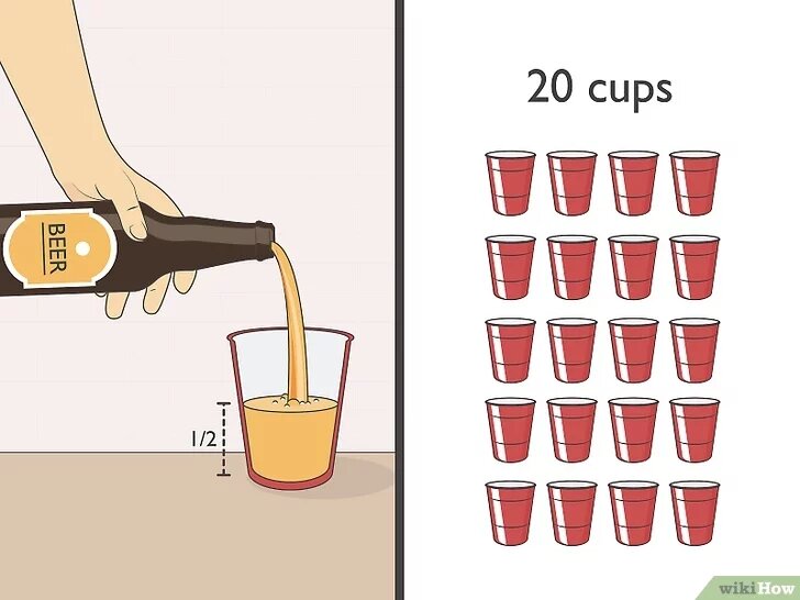 2Наполните 20 500-граммовых пластиковых стаканчиков, наполовину заполненных пивом.[1] Если вы не хотите пить слишком много, вы можете наполнить пивом ¼ стакана. Вы можете менять количество пива в каждом стакане, однако количество пива в стаканах на каждой стороне стола должно быть одинаковым.