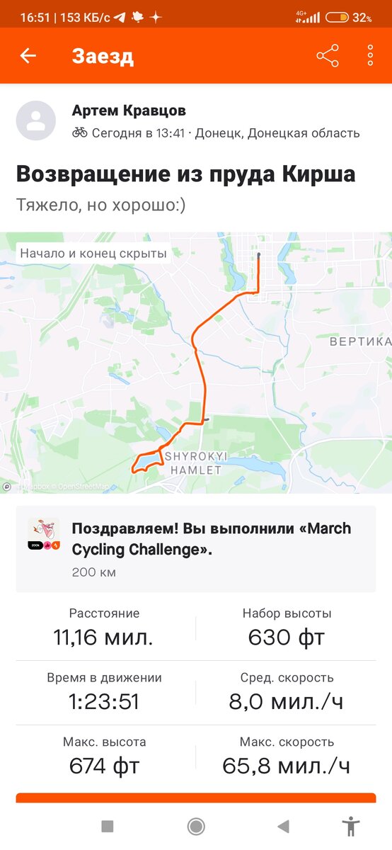 Скриншот первой части велосипедной экскурсии, к сожалению, не сохранился. Таким путём я возвращался из прогулки.