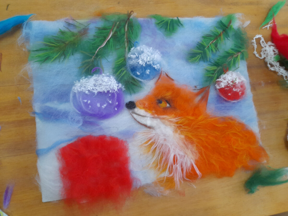 Меня очаровала новогодняя лисичка. Посмотрите как картина будет преображаться на моих глазах