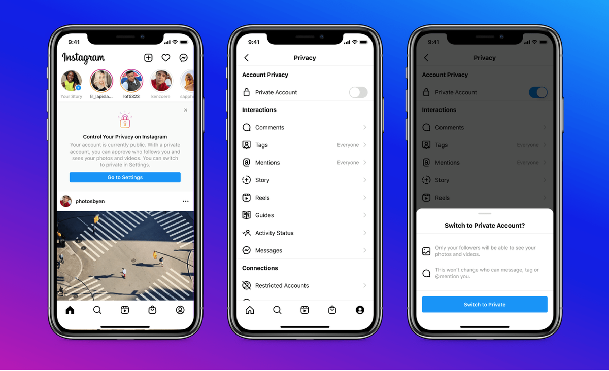 Оповещение о преимуществах закрытого аккаунта. Источник: *https://about.instagram.com/blog/announcements/giving-young-people-a-safer-more-private-experience