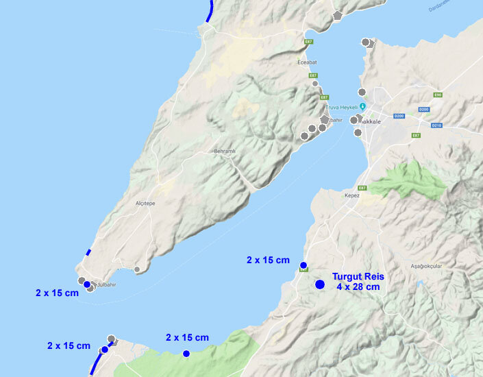 Место расположение береговой 280 мм батареи в проливе Дарданеллы.