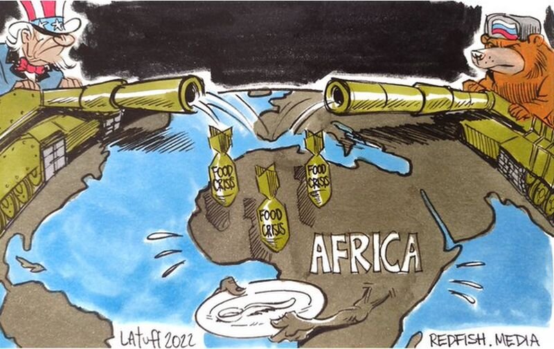 Рисунок-комментарий бразильского левого карикатуриста Карлоса Латуффа: бомбы с надписью «продовольственный кризис» сыплются на Африку