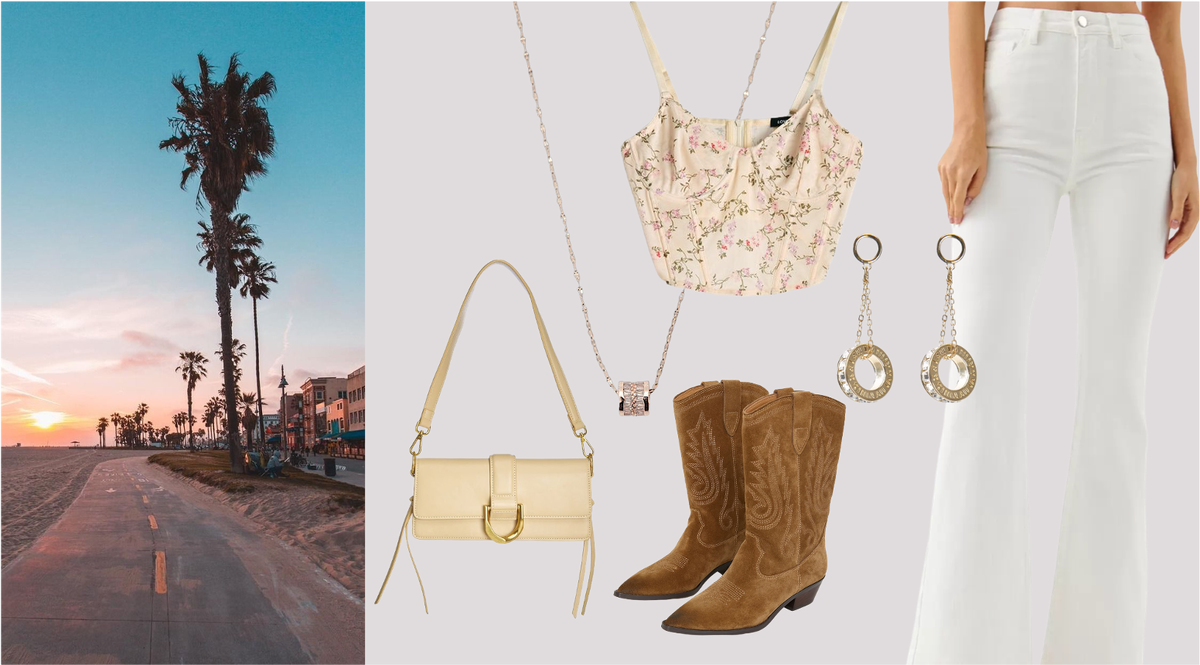 Образ в стиле вестерн, объединяющий в себе такие трендовые элементы одежды как клеш, казаки, топ корсетного типа и сумка-багет