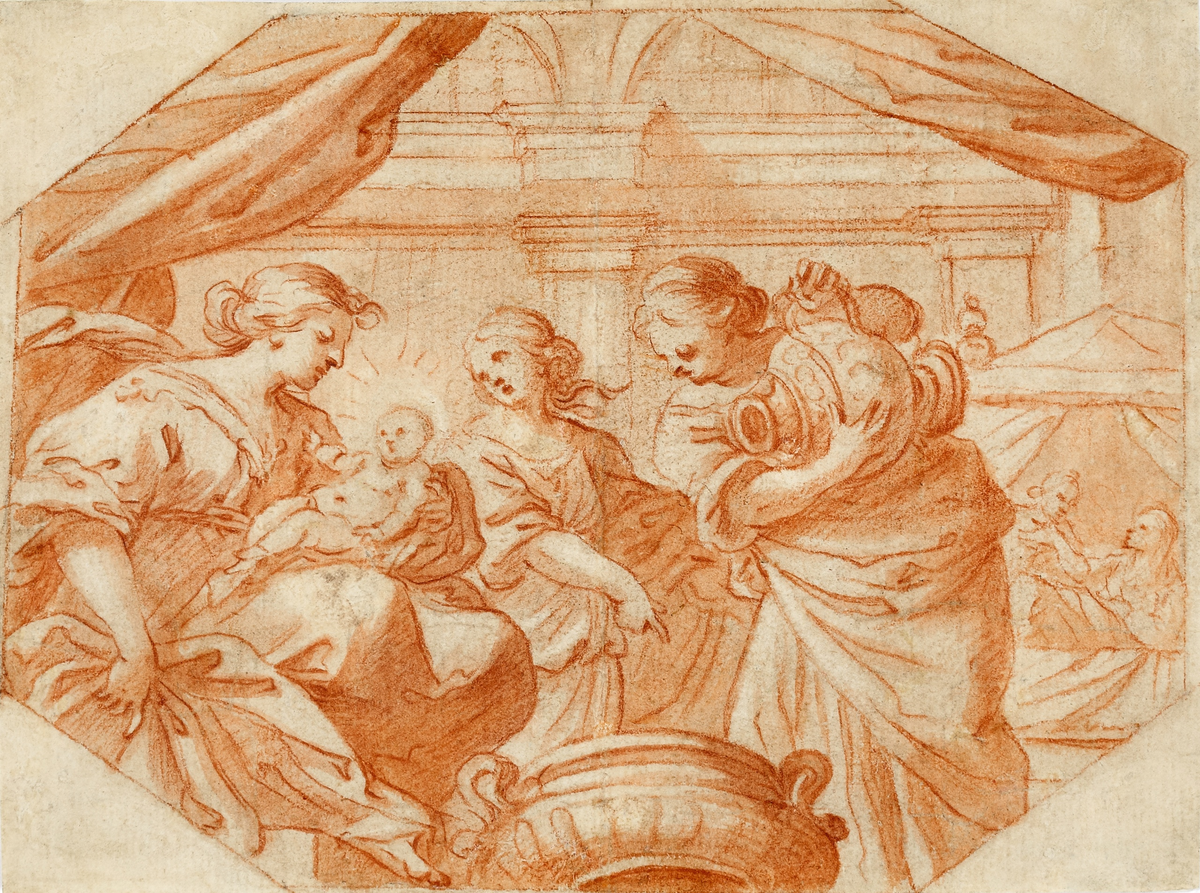 Пьетро да Кортона (Pietro da Cortona; 1596–1669). Купание младенца Иисуса. Фрагмент. Сангина. ЕМИИ 