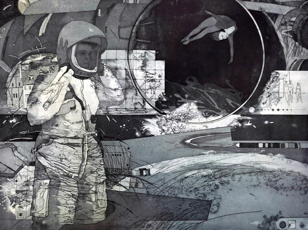 Калнач А.А. «Сближение» из цикла «Орбита 2001, 2002, 2003…» лист 2, 1986 год. Бумага, офорт.