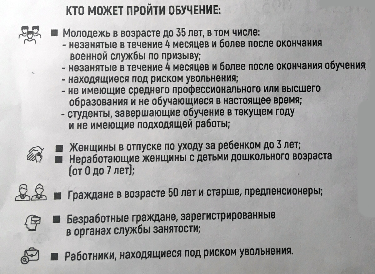 Вот весь перечень категорий лиц, которые смогут пройти обучение в рамках федерального проекта "Содействие занятости"