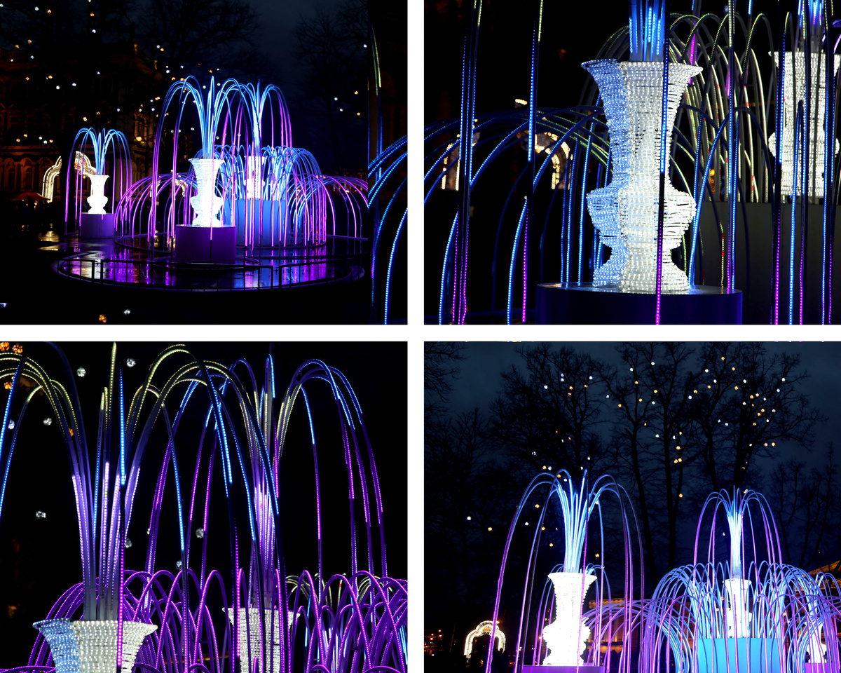 Вот такой  световой новогодний фонтан работает возле Эрмитажа, рядом с Дворцовым мостом.