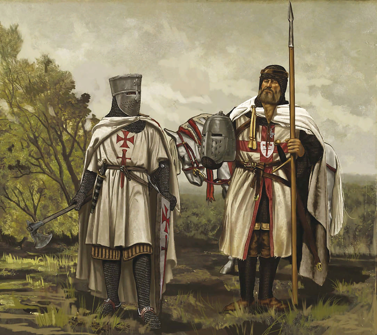 Художник Giorgio Albertini. Брат-рыцарь (слева) и магистр ордена меченосцев. Начало XIII века.