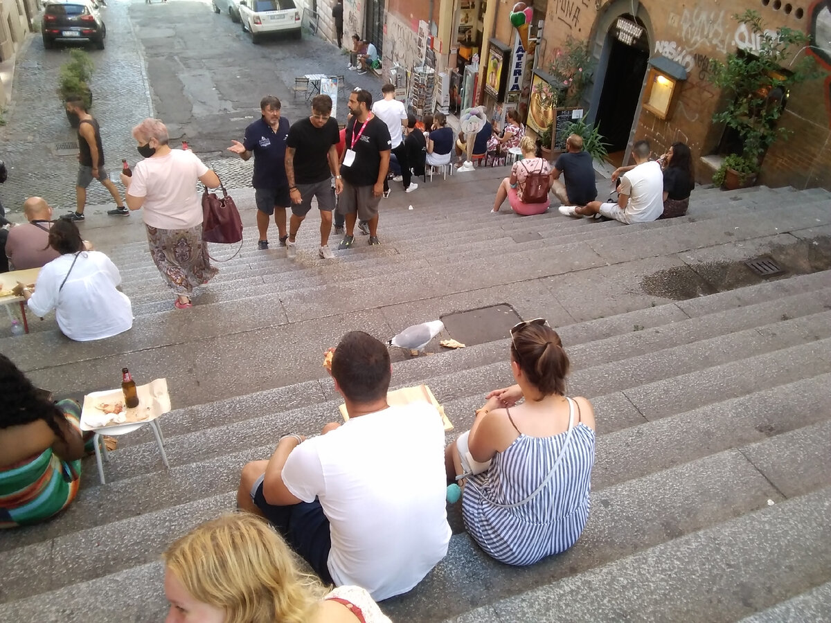 Чайка вырвала пиццу прямо из рук девушки и разделывается со своей добычей. Рим, фото автора 