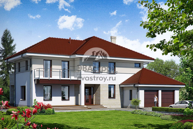 Проект дома 295 м2 с двухместным гаражом, кабинетом, балконом и террасой - 105-35