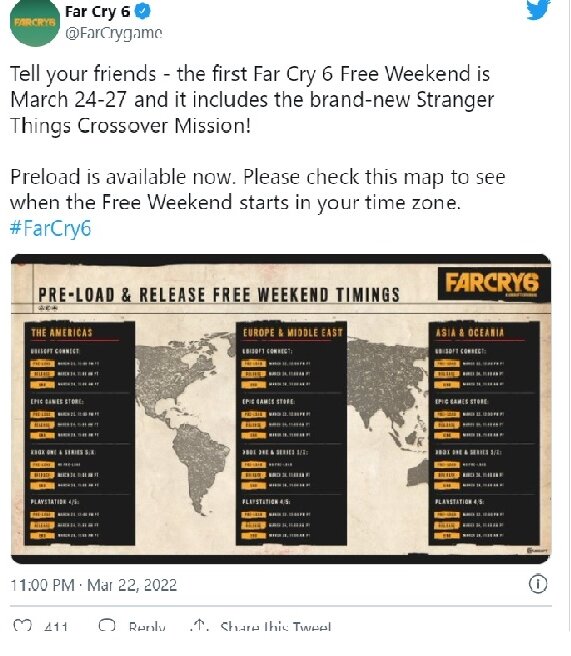 Геймеры могут предварительно загрузить Far Cry 6 на свой ПК, PS4 и PS5. Позже они получат доступ к полной игре в четверг. Во время мероприятия игроки также смогут получить доступ к предстоящей кроссоверной миссии «Очень странные дела».