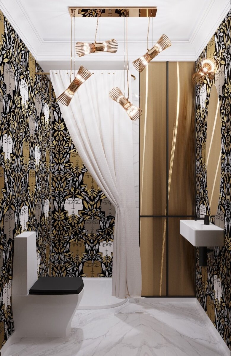 Пример моего проекта санузла с душем, скрытыми в шкафу стиральной машинкой и бойлером. На стенах - влагостойкие обои