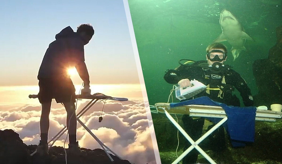 extreme ironing  в облаках и на фоне акулы