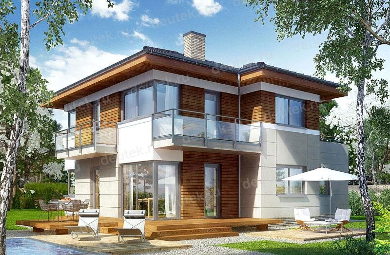 Проект двухэтажного дома 156 м2 с гаражом, эркером, балконом и террасой -  DTV100220