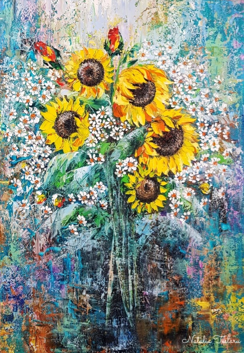 Картина  "Цветы солнца"🌻🌻
🔹️Холст на подрамнике/Maсло
🔹️Формат работы 100*70см 
🔹️Мастихиновая живопись 
20000₽
г Ярославль
