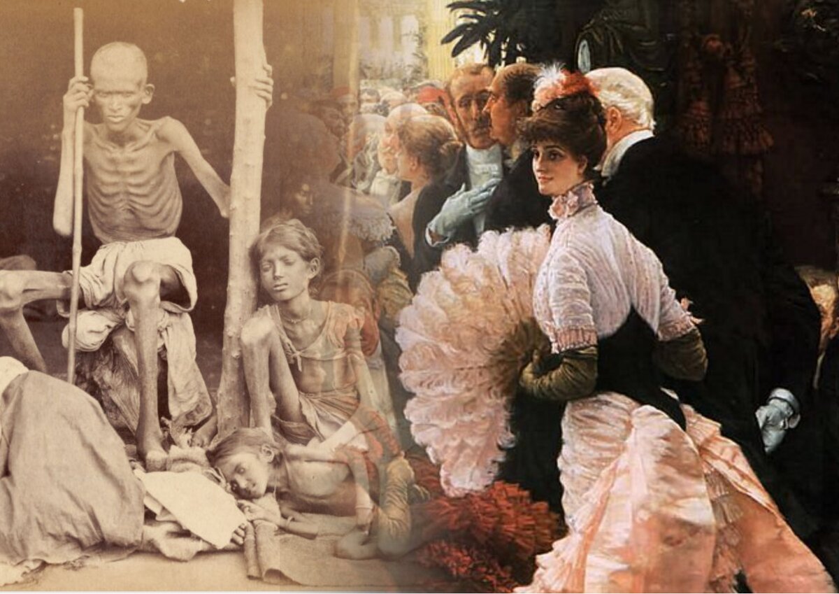 Слева - индийская семья во время страшного голода 1876 года. Да, в тот самый год, когда Виктория была провозглашена императрицей Индии. Символично, однако. Конечно, голоду предшествовал неурожай, но ведь экспорт зерна из Индии филантропы не отменяли. По разным подсчётам голод унес до 10 млн. жизней. 