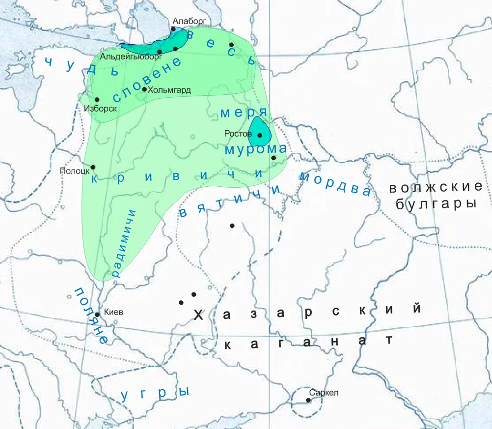 Расширение территории русов в 750-843 годах - по датам младших монет кладов куфического серебра. Территория, на которой после изгнания варягов имели место усобицы между "городами".