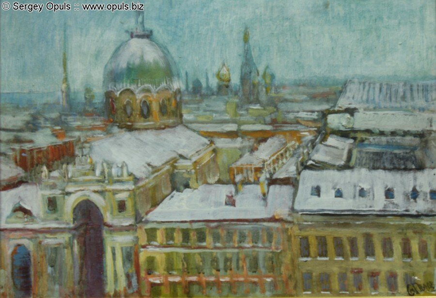 Церковь Св.Екатерины на Невском с часовой башни Думы. (1996, картон, масло, 40 x 50 см)