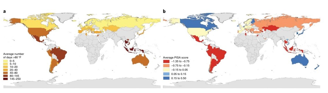 Слева: климатические условия в странах-участниках (количество жарких дней); справа: изменение оценок PISA в странах-участниках 
Jisung Park et al. / Nature Human Behavior, 2020