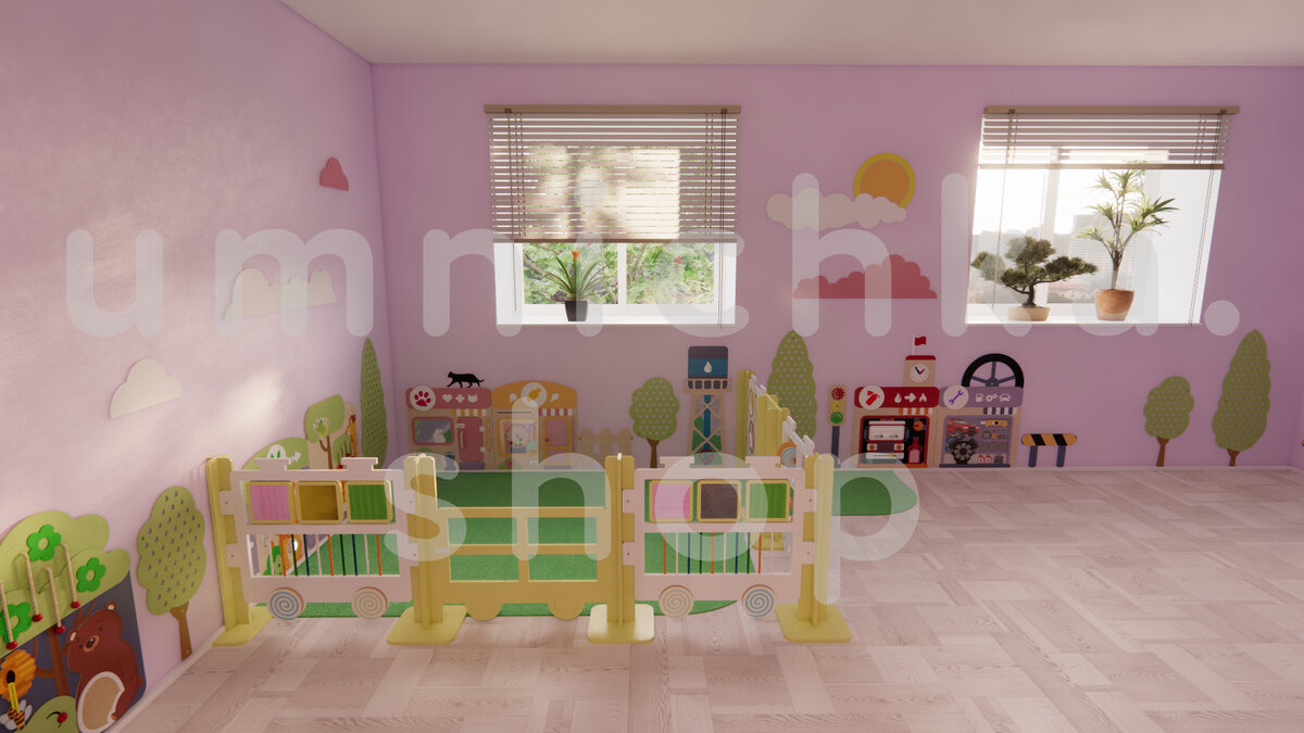 Манеж «Паровоз» + декоративно-развивающих панелях «Миниград»