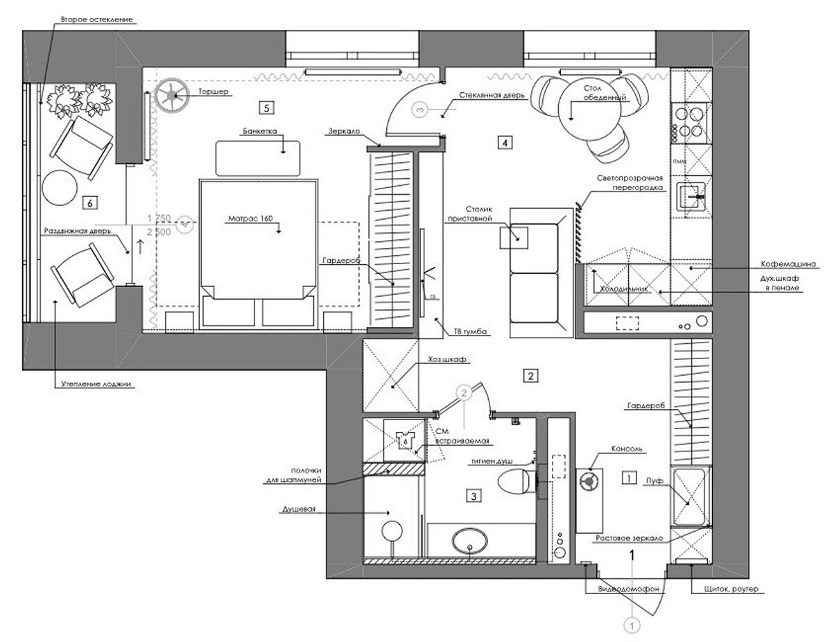 После перепланировки. Ненесущую стену между кухней и единственной комнатой снесли и возвели новую — спальня получилась меньше, но удалось выделить больше пространства под кухню-гостиную. В последнем помещении зоны обособили друг от друга декоративной реечной перегородкой.