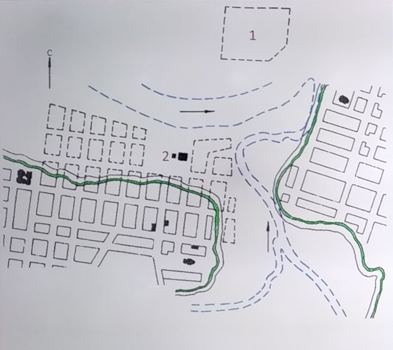 Схема Калязина: пунктиром обозначены Волга и ее правый приток Жабня до создания Угличского водохранилища, зеленой сплошной линией - современный берег. 1 - разрушенный Троицкий Макарьевский монастырь, 2 - колокольня Никольского собора.