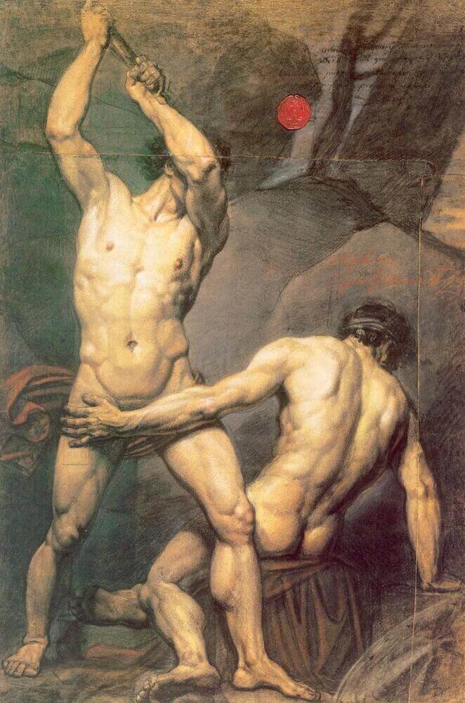 Карл Брюллов, рисунок двух натурщиков, бумага, итальянский карандаш, мел, сангина