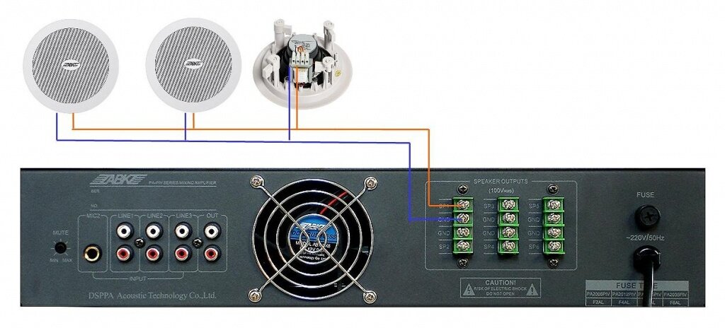 Как подключить потолочную колонку Подключение трансляционных громкоговорителей к 100V линии микшера-усилителя в си