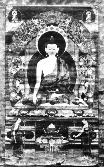 Ил. XIX. Центральная танка. Шакьямуни, Шарипутра и Маудгальяяна. В верхних углах: Дипанкара и Майтрейя